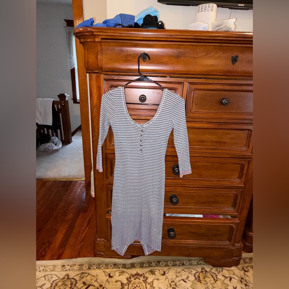 Free People Blue & White Striped Long Sleeve Bodycon Midi Dress XS